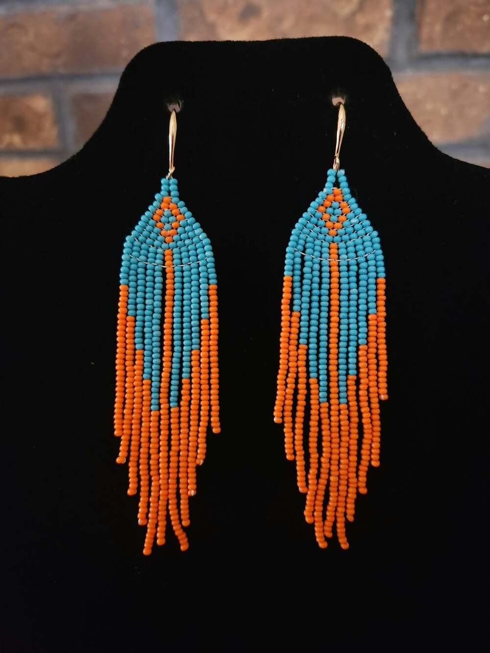 Seed Bead Dangle Earrings Turquoise Diamond Top with Orange Fringe
